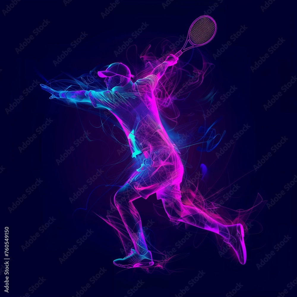 Abstract Energetic Tennis Player in Action with Vibrant Neon Light Trails