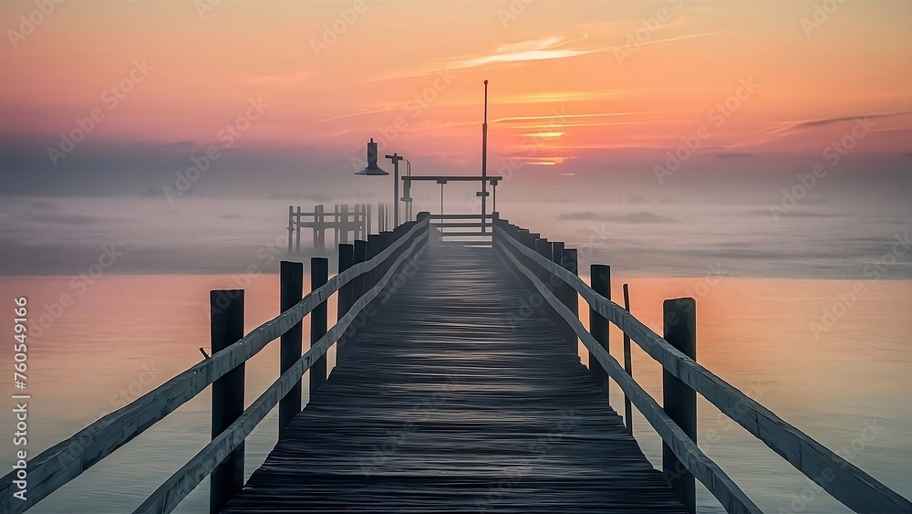 Obraz premium A wooden pier at misty dawn in a still sea
