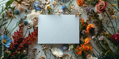 Assorted flowers surrounding white blank card. Flat lay composition with copy space. Springtime and Mother's Day concept for design and print. Floral mockup for invitation or greeting card