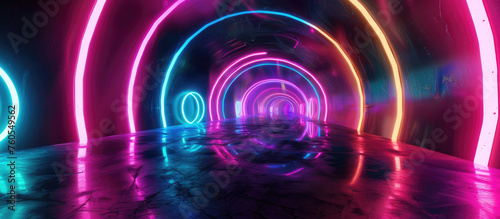 Neon tunnel with vibrant color reflections
