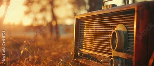 Bakelite radios, warm afternoon glow, sunset, low angle, classic broadcast, vintage photo effect photo