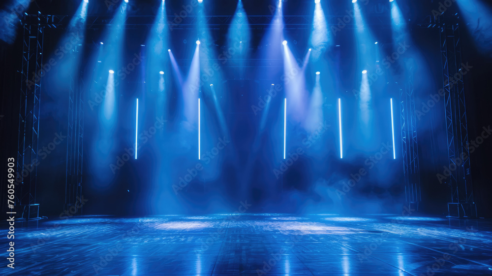 Blue theatrical stage lights with smoke