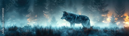 Pneumatic wolf prowling, foggy forest, night, low angle, iron and steam, eerie illustration