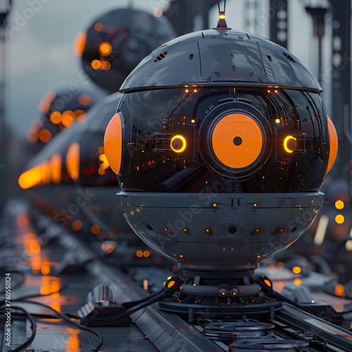 Robotic maintenance units on domes, twilight, close-up, hyper-realistic digital art