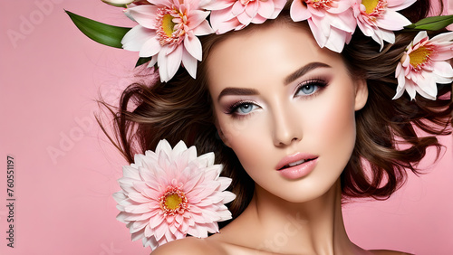 woman with pink flowers, portrait of a woman, cosmetic model, fashion model, cosmetics advertisement, gorgeous model, AI generated © Kim