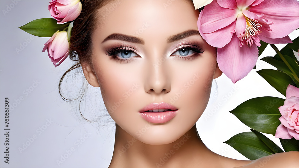 portrait of woman with pink flowers, , portrait of a woman, cosmetic model, fashion model, cosmetics advertisement, gorgeous model, AI generated portrait of woman with pink flowers, , portrait of a woman, cosmetic model, fashion model, cosmetics advertisement, gorgeous model, AI generated