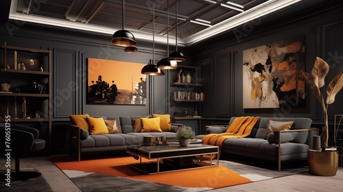 Charcoal Gray Ceiling with Mustard Yellow and Rust Orange Details.