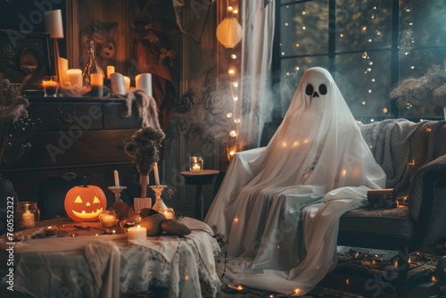 A ghost hosting a party to showcase ethereal, glowing decorations