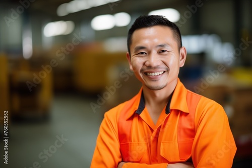 happy Asian warehouse worker wearing an orange and grey workwear shirt