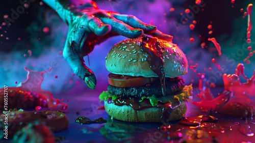 Hamburger with glowing ingredients, zombie hand reaching, neon splash backdrop, close-up