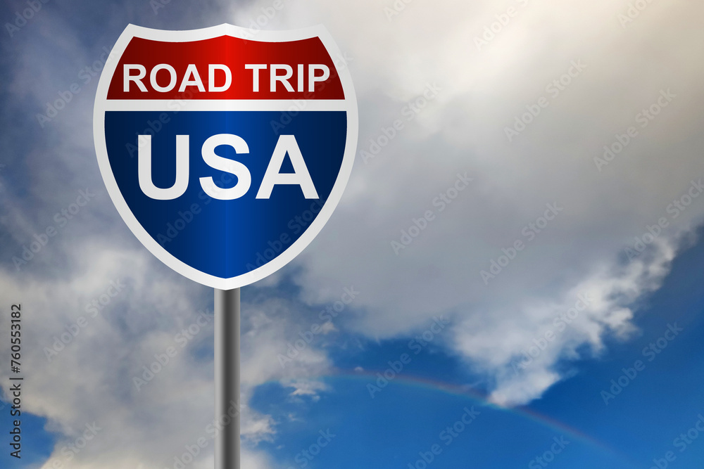 Red and blue road sign with USA road trip word Red and blue road sign with USA road trip word
