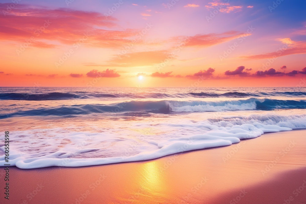 A serene beach at sunset, with the golden rays casting a warm glow on the sand and gently crashing waves.
