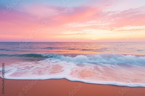 A serene beach at sunset, with the golden rays casting a warm glow on the sand and gently crashing waves. 