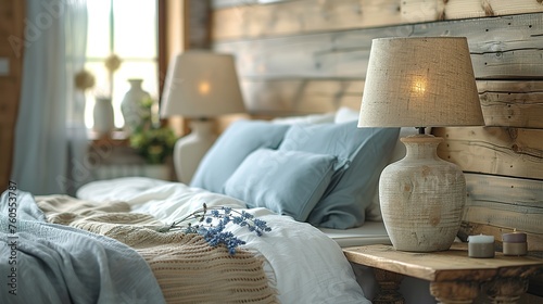Close up of rustic bedside table lamp near bed with wood headboard. French country, farmhouse, provence interior design of modern bedroom