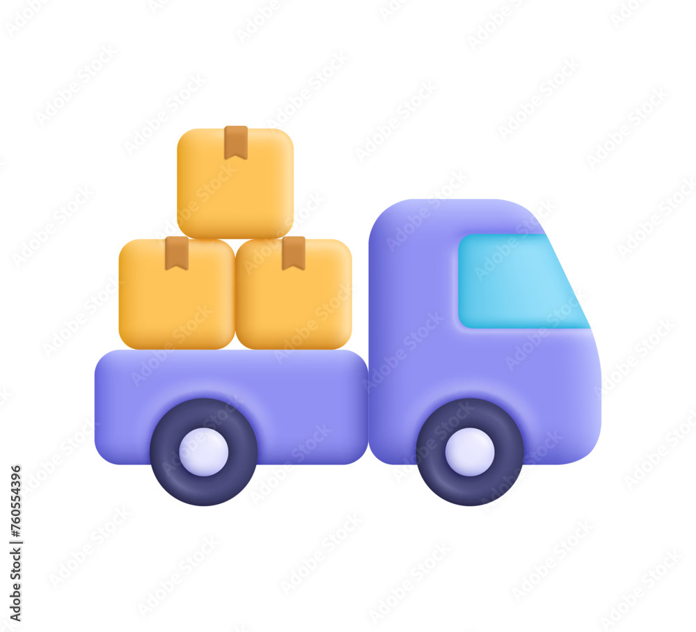 Delivery truck, cargo van with cardboard packing boxes. Shipping, delivery and transportation concept. 3d vector icon. Cartoon minimal style. - obrazy, fototapety, plakaty 