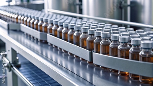Medicine bottles with medicine on the conveyor belt. Pharmaceutical industry.