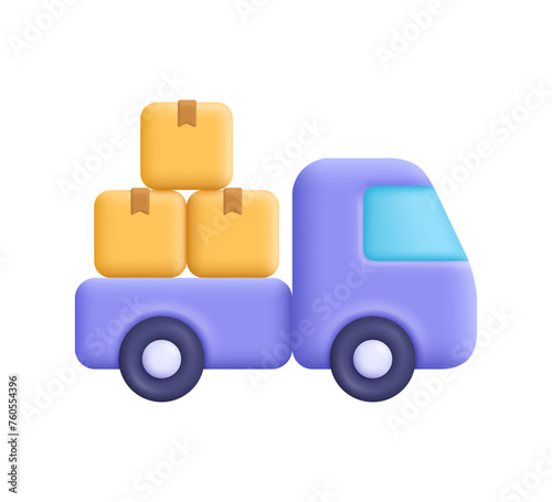 Delivery truck, cargo van with cardboard packing boxes. Shipping, delivery and transportation concept. 3d vector icon. Cartoon minimal style.