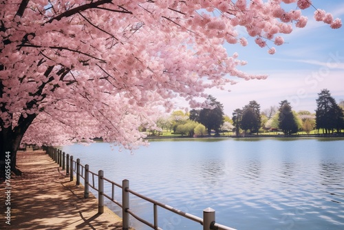 A serene lake surrounded by blooming cherry blossom trees 