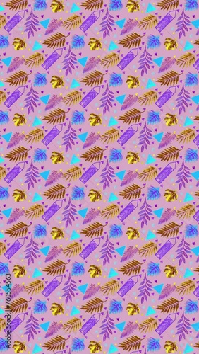 Pink background with leaves and geometric shapes. Loop Background Animation