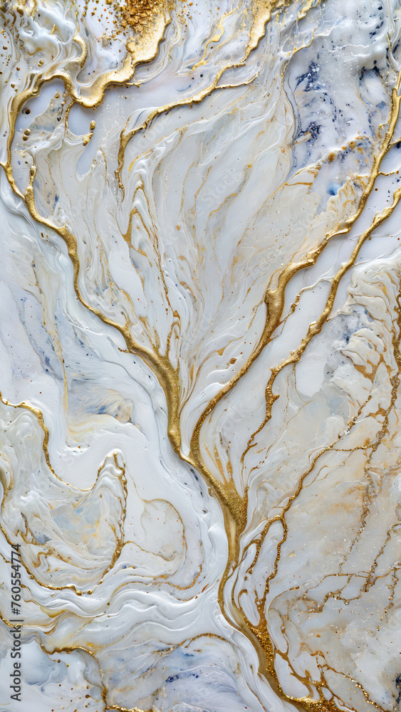 Fototapeta premium Ink Abstract: Pure White Paint with Watercolor Stone and Liquid Marble Texture, Modern Gold Glitter White Design Splash - Design Template, Wallpaper, Background - Artistic Luxury for Creative Projects