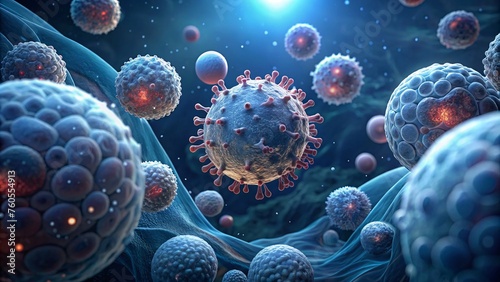 Virus cells. Viruses in infected organism. 3D rendering