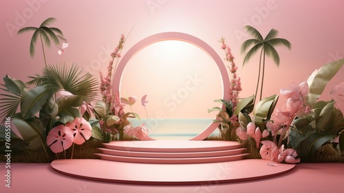 podium on tropical pink background for product presentation © екатерина лагунова