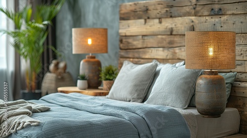 Close up of rustic bedside table lamp near bed with wood headboard. French country, farmhouse, provence interior design of modern bedroom