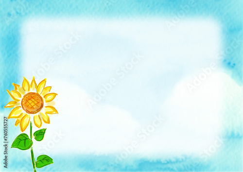 向日葵のある夏っぽい水色の余白のある背景素材