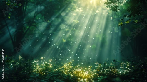 Beautiful rays of sunlight in a green forest. Forest background. Dark forrest nature view