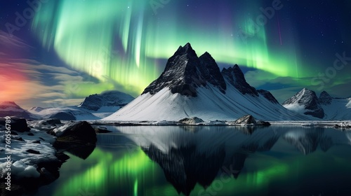 A surreal scene of a neon aurora borealis illuminating an alien mountain range 