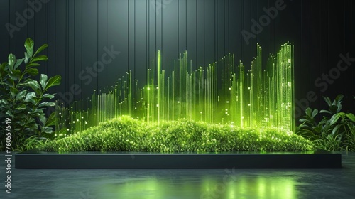 Lush green data flow streams across a sleek holographic panel showcasing growth metrics.