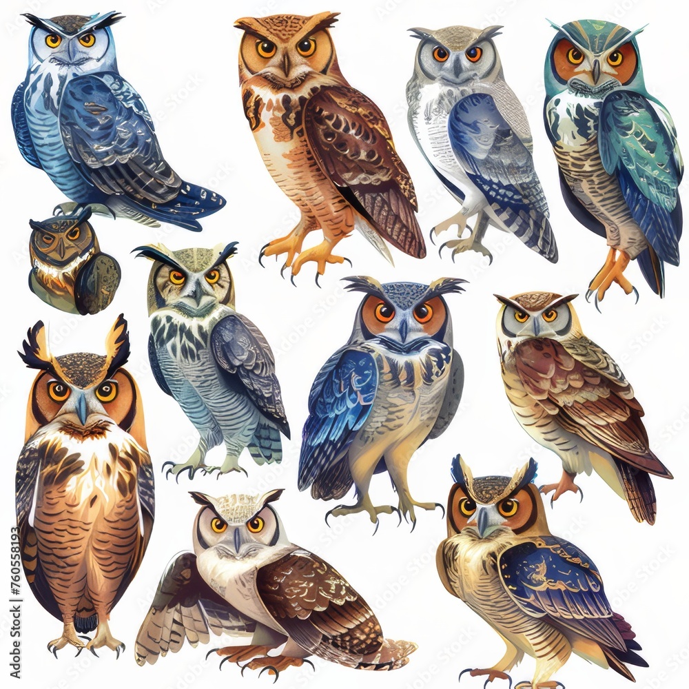 Fototapeta premium Clipart illustration showing various kinds of cute owls on a white background.