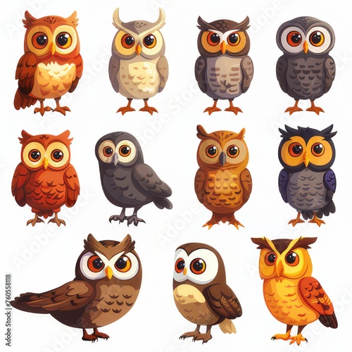 Wallpaper Mural Clipart illustration showing various kinds of cute owls on a white background. Torontodigital.ca