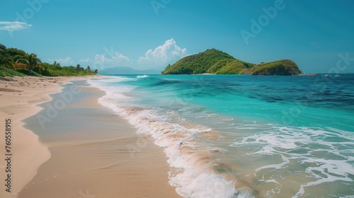 Sandy tropical beach with island on background , Palm and tropical beach