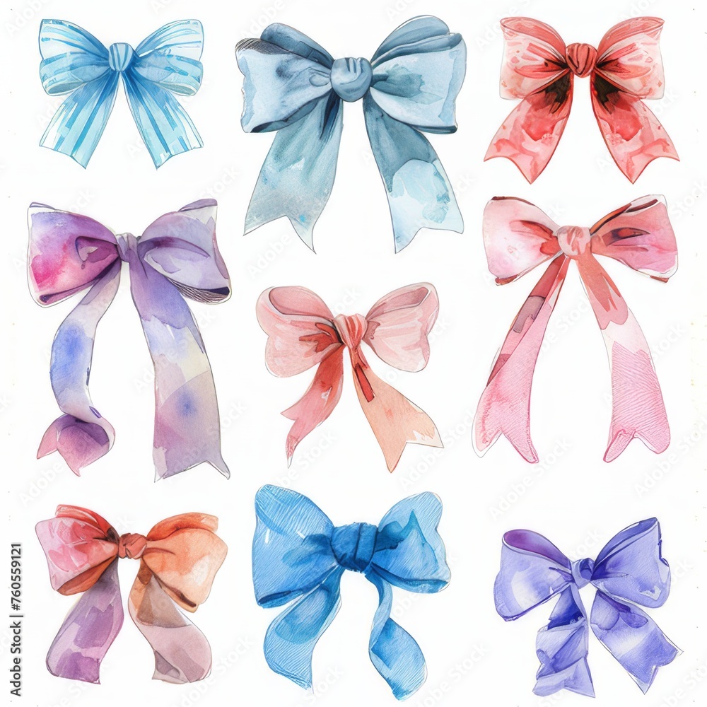 A clipart illustration showing various watercolor bows on a white background.
