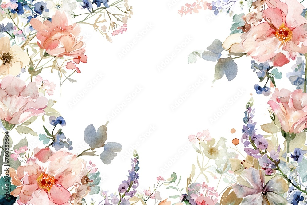 A watercolor painting of a flowery border with a white background.Painted watercolor floral border or frame for wedding invitations