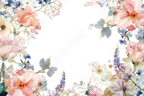 A watercolor painting of a flowery border with a white background.Painted watercolor floral border or frame for wedding invitations © Tatyana Olina