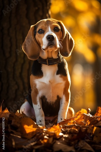 Junger Beagle Hund im Herbst laub in der Natur im Hochformat
