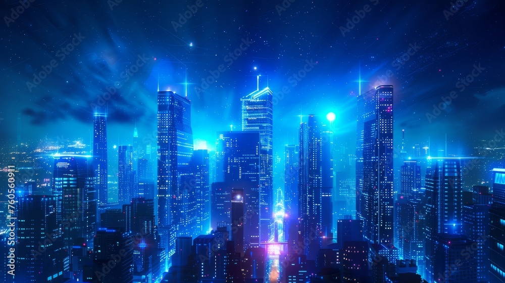 Fototapeta premium Glowing magical fairytale background with modern building, night blue lighting, cityscape