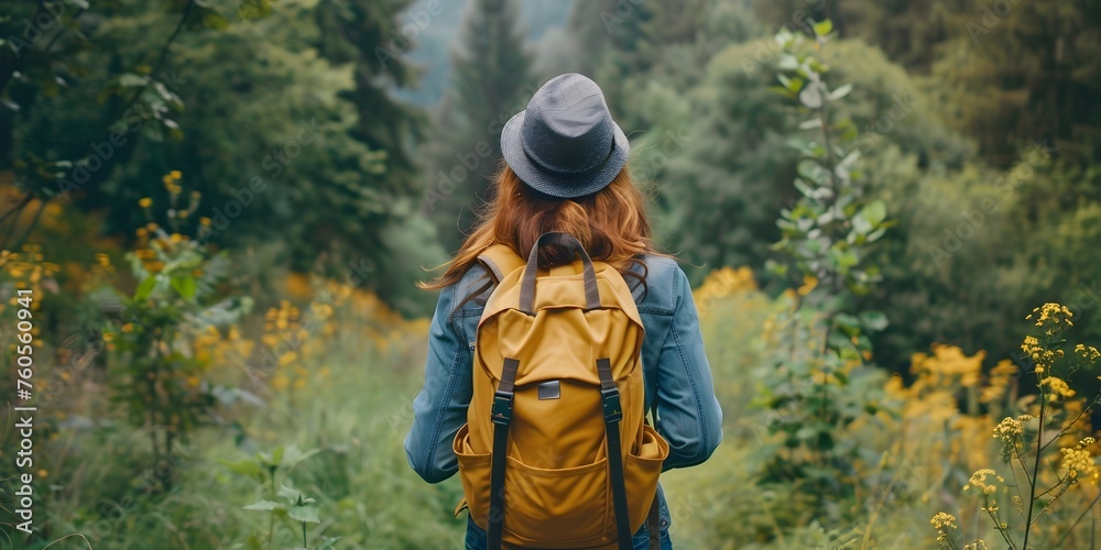 Naklejka premium A woman wearing a yellow backpack is walking through a forest