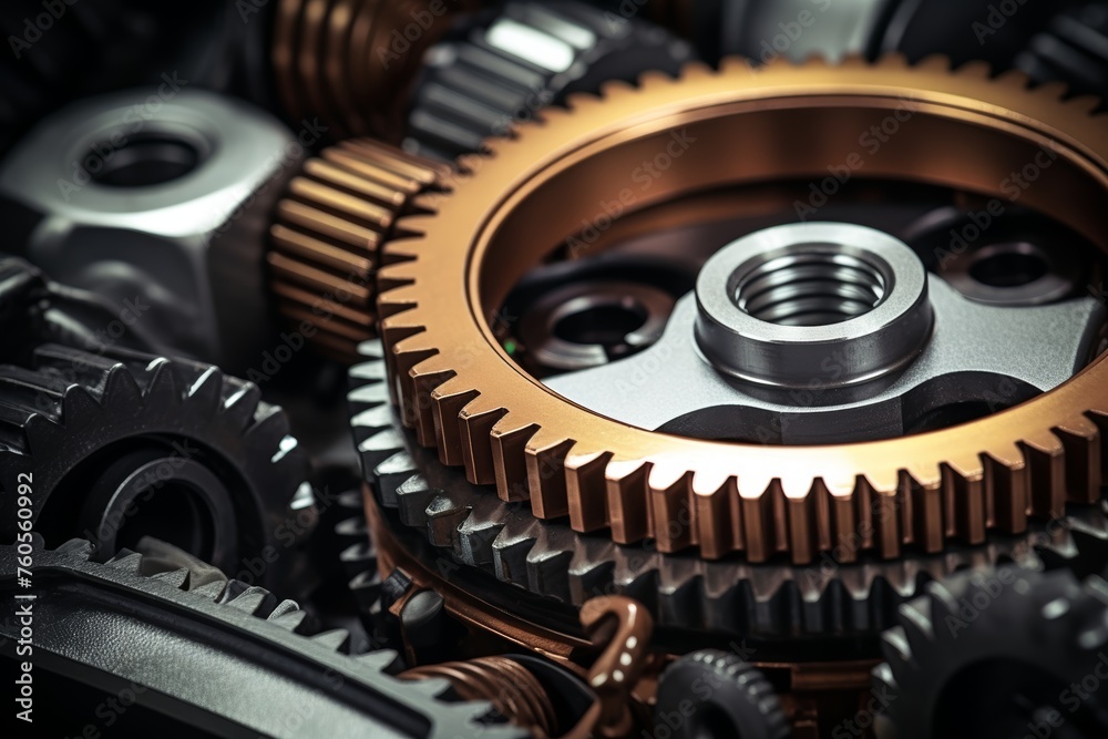 Detailed view of a timing belt amidst complex machinery in an automotive repair shop Detailed view of a timing belt amidst complex machinery in an automotive repair shop