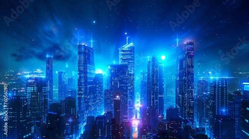Glowing magical fairytale background with modern building, night blue lighting, cityscape