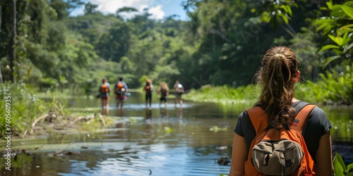 A woman is walking in a forest with her friends. She is wearing an orange backpack and has her hair in a ponytail. The group is walking along a river  and the water is calm