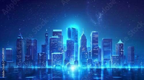 Glowing magical fairytale background with modern building, night blue lighting, cityscape