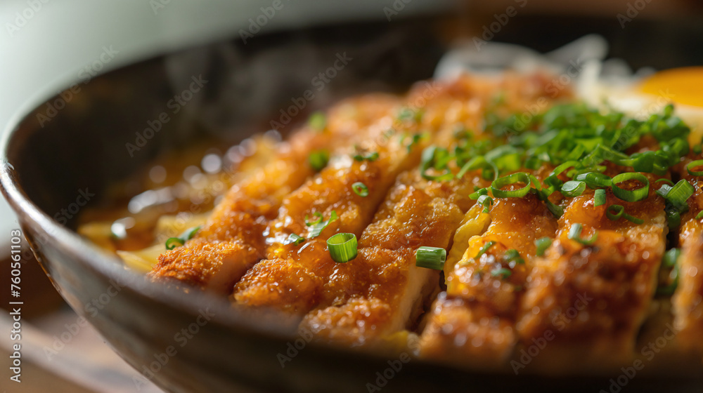 Close up Japanese style Katsudon sits on a Japanese style Bowl and topping by chopped spring onion and yolk Close up Japanese style Katsudon sits on a Japanese style Bowl and topping by chopped spring onion and yolk