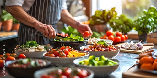 A chef is preparing a meal with a variety of vegetables  including tomatoes