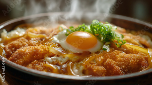 Close up Japanese style Katsudon sits on a Japanese style Bowl and topping by chopped spring onion and yolk