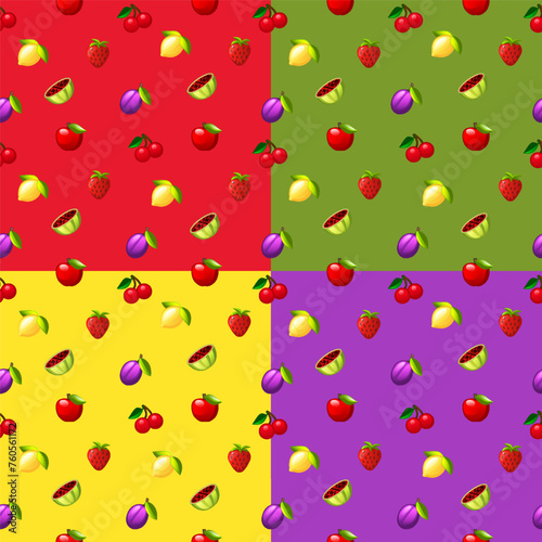 Fototapeta Naklejka Na Ścianę i Meble -  Set of Summer seamless patterns with fruits and berries.