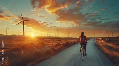A cyclist riding past a row of wind turbines at sunset © teera