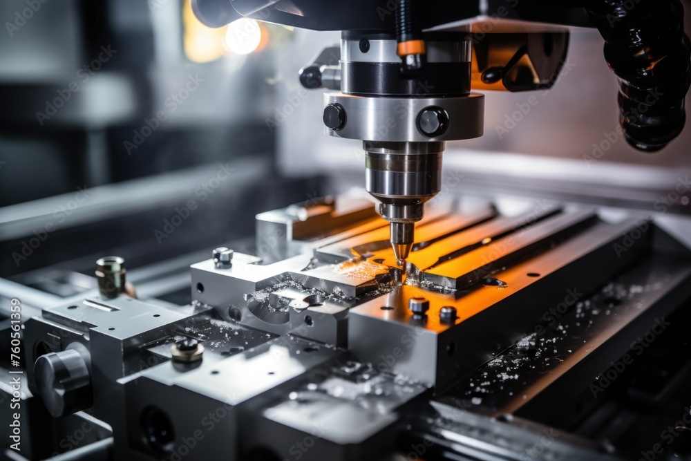 Precision parts being crafted by a state-of-the-art CNC milling machine amidst a busy industrial setting